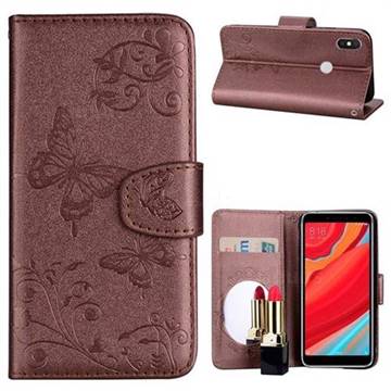 Embossing Butterfly Morning Glory Mirror Leather Wallet Case for Mi Xiaomi Redmi S2 (Redmi Y2) - Coffee
