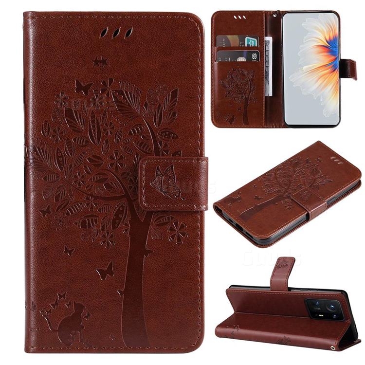 Embossing Butterfly Tree Leather Wallet Case for Xiaomi Mi Mix 4 - Coffee