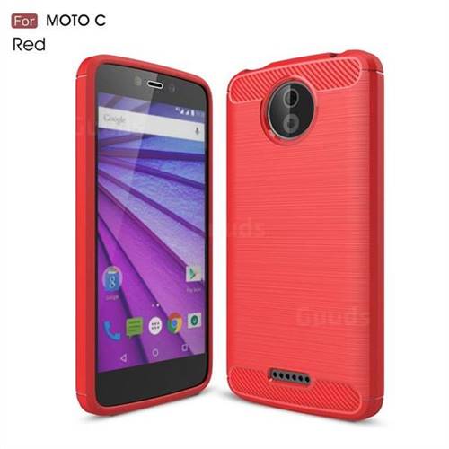 Luxury Carbon Fiber Brushed Wire Drawing Silicone TPU Back Cover for Motorola Moto C - Red