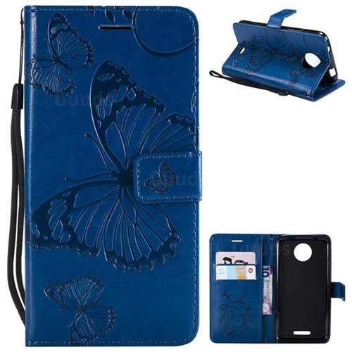 Embossing 3D Butterfly Leather Wallet Case for Motorola Moto C - Blue