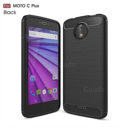 Luxury Carbon Fiber Brushed Wire Drawing Silicone TPU Back Cover for Motorola Moto C Plus - Black