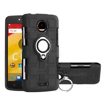 Ice Cube Shockproof PC + Silicon Invisible Ring Holder Phone Case for Motorola Moto C Plus - Black