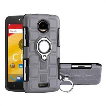 Ice Cube Shockproof PC + Silicon Invisible Ring Holder Phone Case for Motorola Moto C Plus - Gray