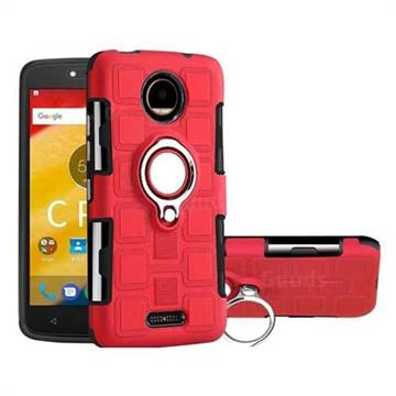 Ice Cube Shockproof PC + Silicon Invisible Ring Holder Phone Case for Motorola Moto C Plus - Red