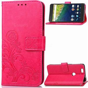 Embossing Imprint Four-Leaf Clover Leather Wallet Case for Huawei Nexus 6P - Rose