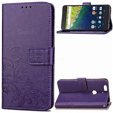 Embossing Imprint Four-Leaf Clover Leather Wallet Case for Huawei Nexus 6P - Purple