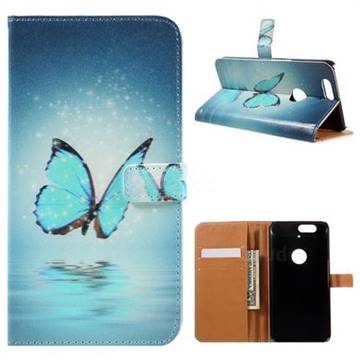 Sea Blue Butterfly Leather Wallet Case for Google Nexus 6P