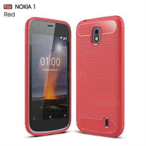 Luxury Carbon Fiber Brushed Wire Drawing Silicone TPU Back Cover for Nokia 1 - Red