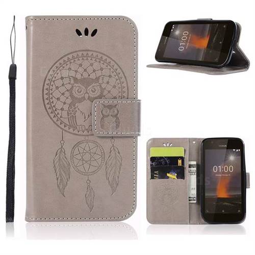 Intricate Embossing Owl Campanula Leather Wallet Case for Nokia 1 - Grey