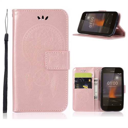 Intricate Embossing Owl Campanula Leather Wallet Case for Nokia 1 - Rose Gold