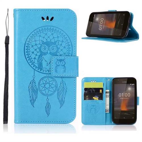 Intricate Embossing Owl Campanula Leather Wallet Case for Nokia 1 - Blue
