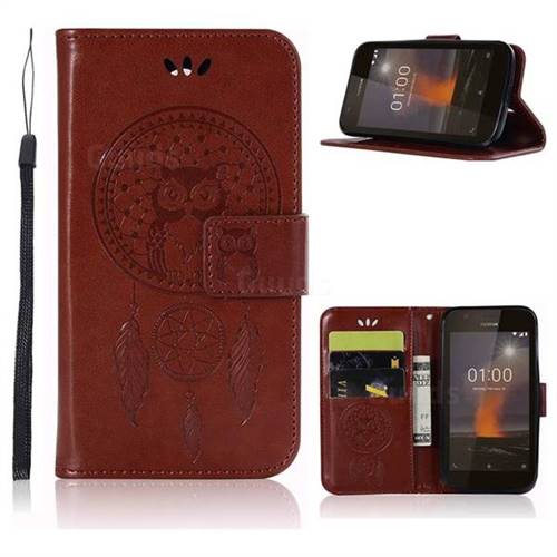 Intricate Embossing Owl Campanula Leather Wallet Case for Nokia 1 - Brown