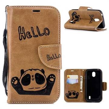 Embossing Hello Panda Leather Wallet Phone Case for Nokia 1 - Brown
