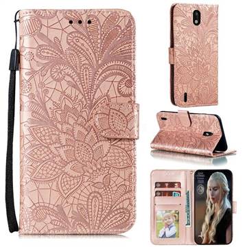 Intricate Embossing Lace Jasmine Flower Leather Wallet Case for Nokia 1.3 - Rose Gold