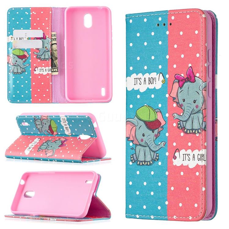 Elephant Boy and Girl Slim Magnetic Attraction Wallet Flip Cover for Nokia 1.3