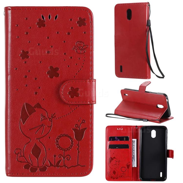 Embossing Bee and Cat Leather Wallet Case for Nokia 1.3 - Red