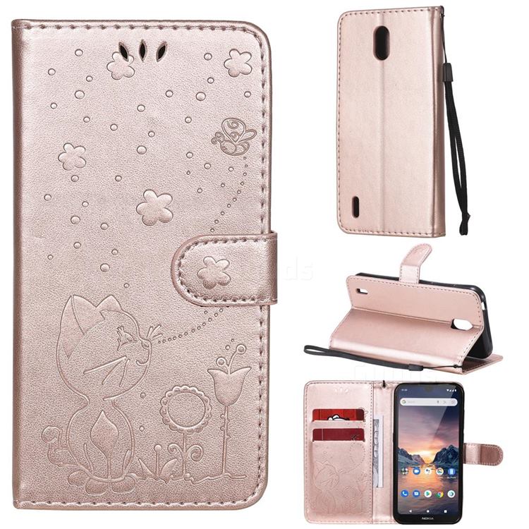 Embossing Bee and Cat Leather Wallet Case for Nokia 1.3 - Rose Gold