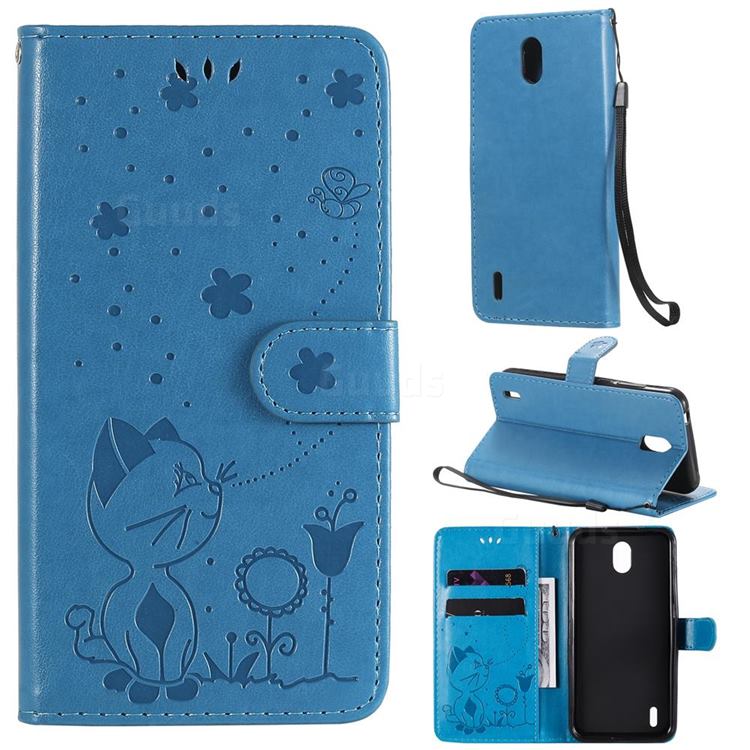 Embossing Bee and Cat Leather Wallet Case for Nokia 1.3 - Blue
