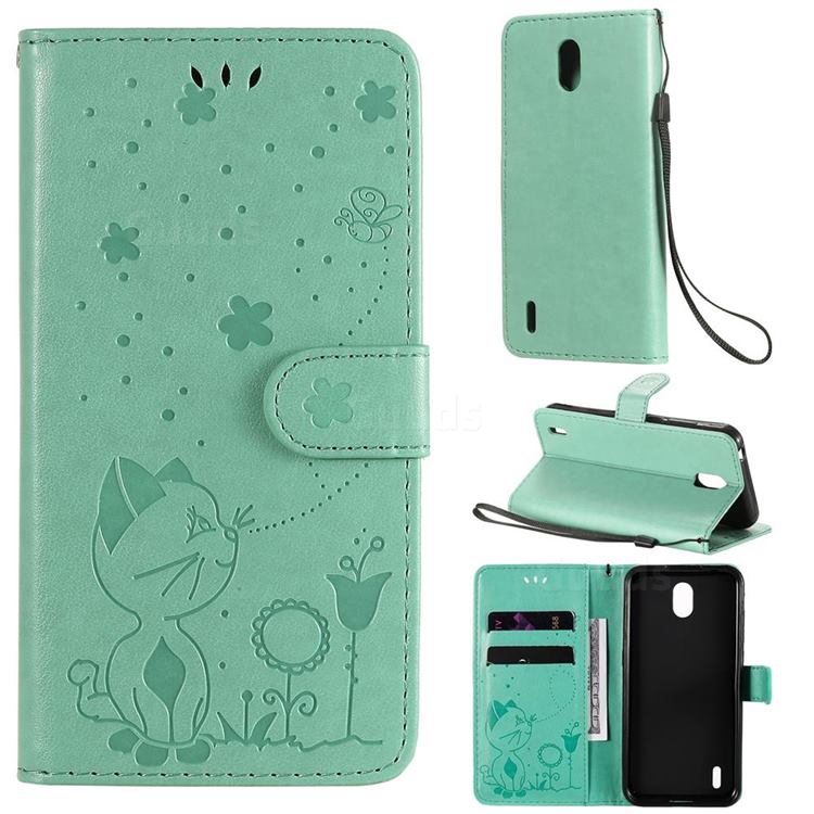 Embossing Bee and Cat Leather Wallet Case for Nokia 1.3 - Green
