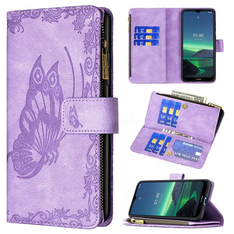 Binfen Color Imprint Vivid Butterfly Buckle Zipper Multi-function Leather Phone Wallet for Nokia 1.4 - Purple