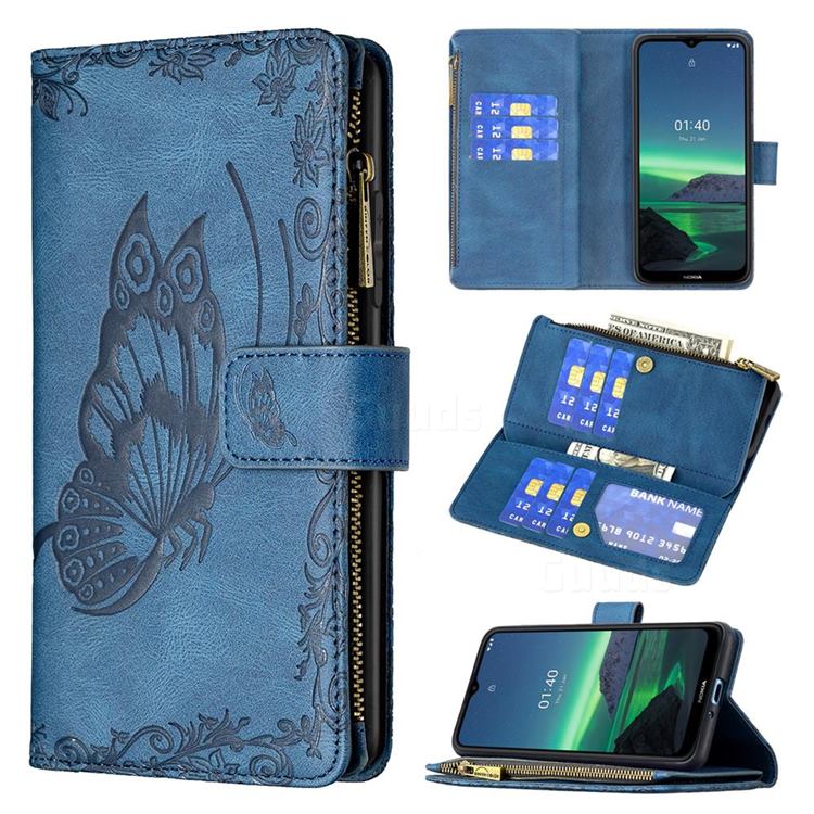 Binfen Color Imprint Vivid Butterfly Buckle Zipper Multi-function Leather Phone Wallet for Nokia 1.4 - Blue