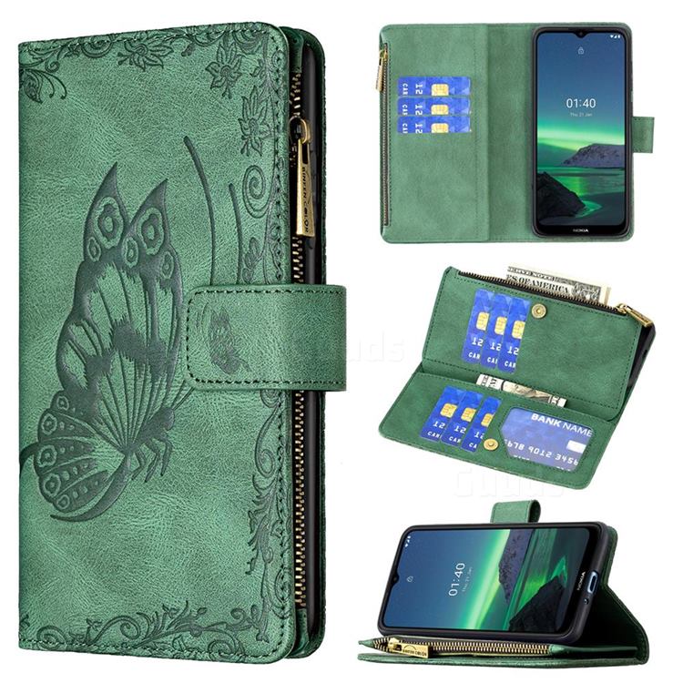 Binfen Color Imprint Vivid Butterfly Buckle Zipper Multi-function Leather Phone Wallet for Nokia 1.4 - Green