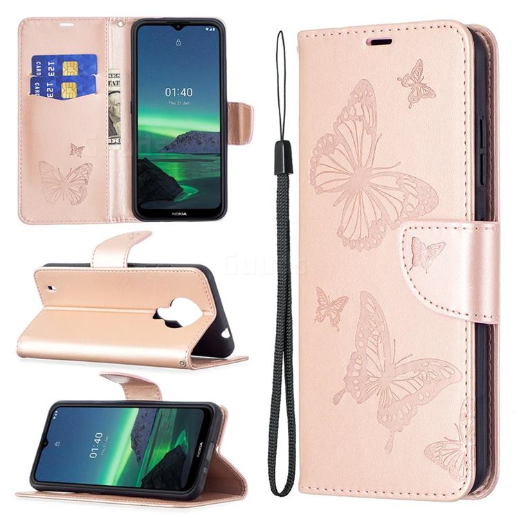 Embossing Double Butterfly Leather Wallet Case for Nokia 1.4 - Rose Gold