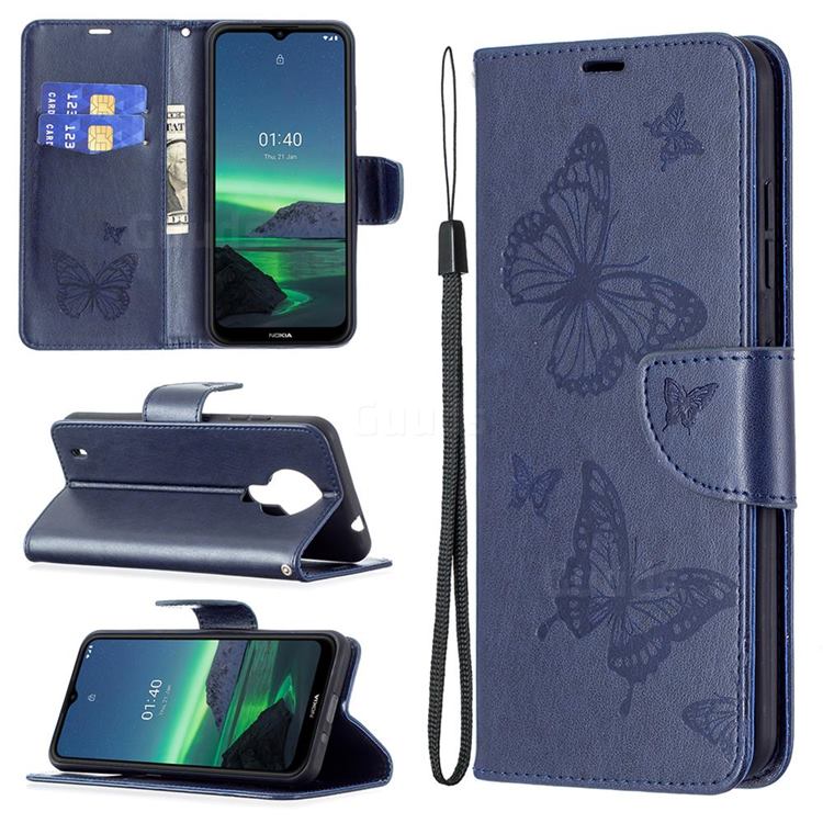 Embossing Double Butterfly Leather Wallet Case for Nokia 1.4 - Dark Blue