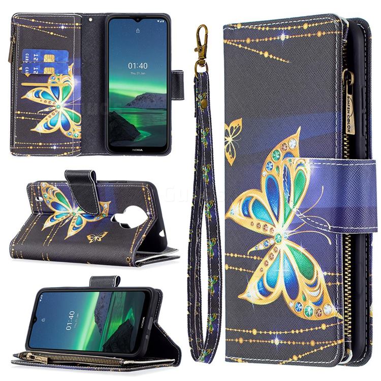 Golden Shining Butterfly Binfen Color BF03 Retro Zipper Leather Wallet Phone Case for Nokia 1.4