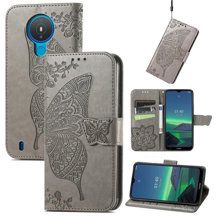 Embossing Mandala Flower Butterfly Leather Wallet Case for Nokia 1.4 - Gray