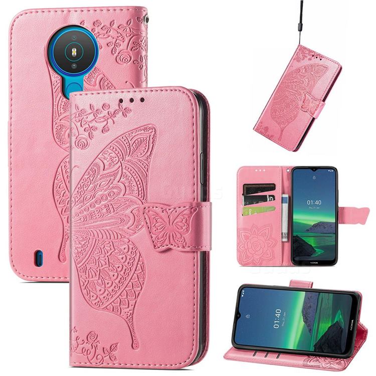 Embossing Mandala Flower Butterfly Leather Wallet Case for Nokia 1.4 - Pink