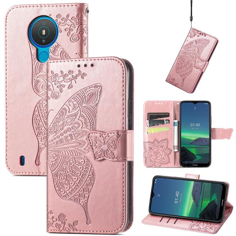 Embossing Mandala Flower Butterfly Leather Wallet Case for Nokia 1.4 - Rose Gold