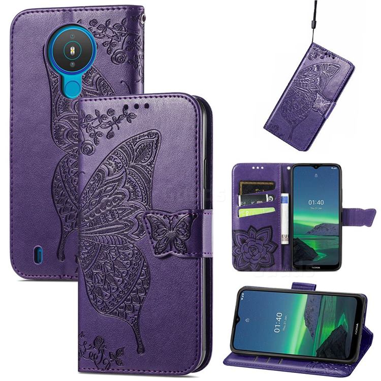 Embossing Mandala Flower Butterfly Leather Wallet Case for Nokia 1.4 - Dark Purple