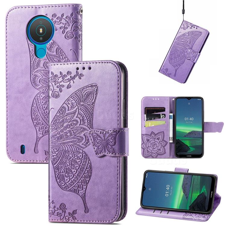 Embossing Mandala Flower Butterfly Leather Wallet Case for Nokia 1.4 - Light Purple
