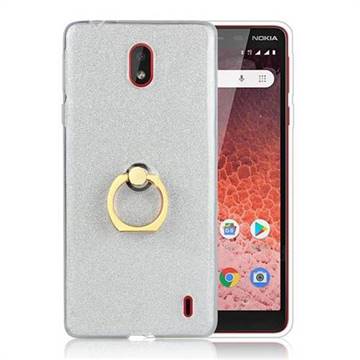 Luxury Soft TPU Glitter Back Ring Cover with 360 Rotate Finger Holder Buckle for Nokia 1 Plus (2019) - White