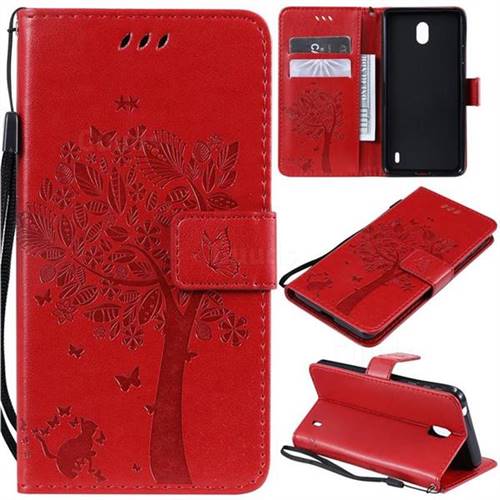 Embossing Butterfly Tree Leather Wallet Case for Nokia 1 Plus (2019) - Red