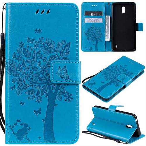 Embossing Butterfly Tree Leather Wallet Case for Nokia 1 Plus (2019) - Blue