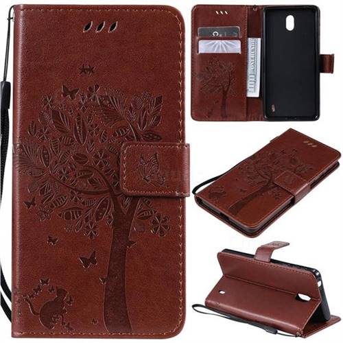 Embossing Butterfly Tree Leather Wallet Case for Nokia 1 Plus (2019) - Coffee