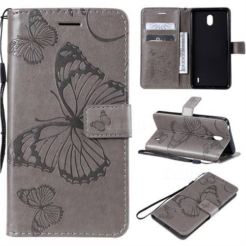 Embossing 3D Butterfly Leather Wallet Case for Nokia 1 Plus (2019) - Gray