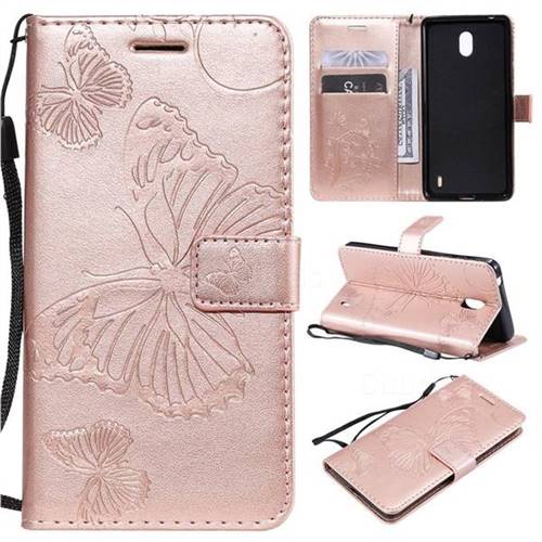 Embossing 3D Butterfly Leather Wallet Case for Nokia 1 Plus (2019) - Rose Gold