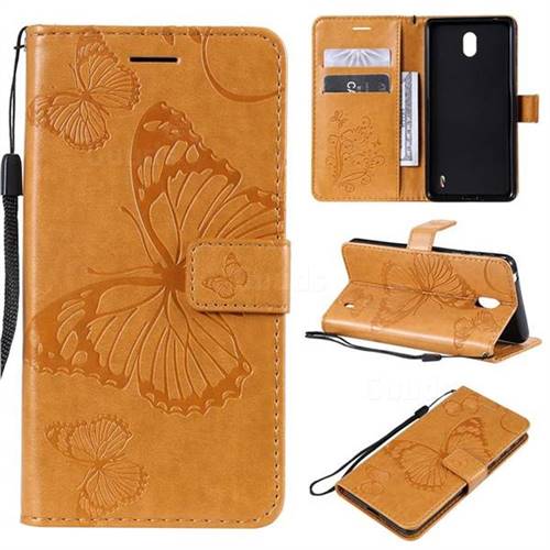 Embossing 3D Butterfly Leather Wallet Case for Nokia 1 Plus (2019) - Yellow
