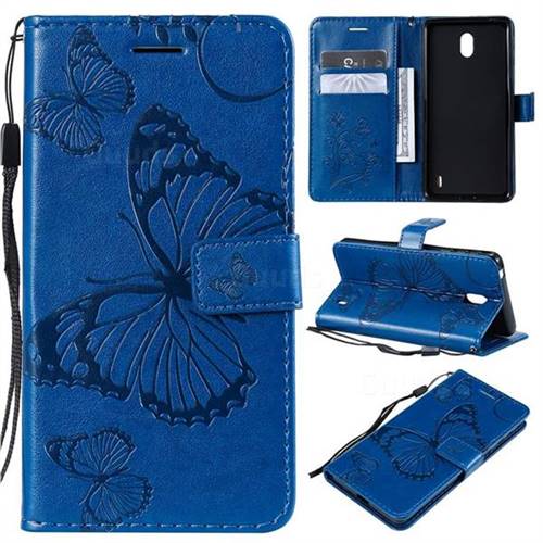 Embossing 3D Butterfly Leather Wallet Case for Nokia 1 Plus (2019) - Blue