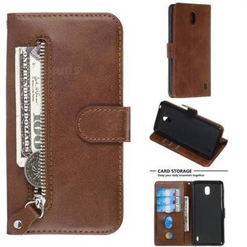 Retro Luxury Zipper Leather Phone Wallet Case for Nokia 1 Plus (2019) - Brown