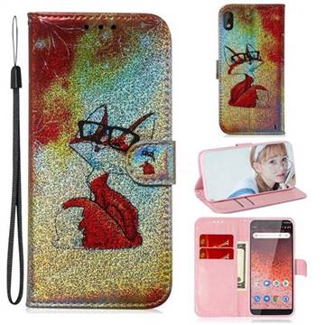 Glasses Fox Laser Shining Leather Wallet Phone Case for Nokia 1 Plus (2019)