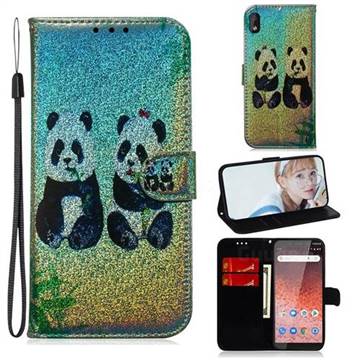 Two Pandas Laser Shining Leather Wallet Phone Case for Nokia 1 Plus (2019)