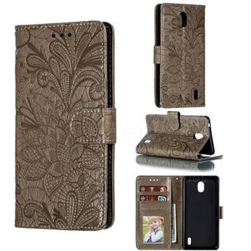 Intricate Embossing Lace Jasmine Flower Leather Wallet Case for Nokia 1 Plus (2019) - Gray