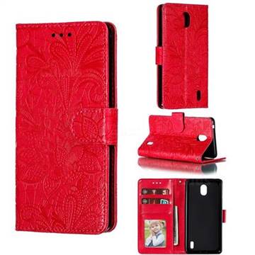 Intricate Embossing Lace Jasmine Flower Leather Wallet Case for Nokia 1 Plus (2019) - Red