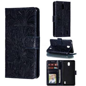 Intricate Embossing Lace Jasmine Flower Leather Wallet Case for Nokia 1 Plus (2019) - Dark Blue