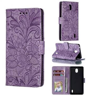 Intricate Embossing Lace Jasmine Flower Leather Wallet Case for Nokia 1 Plus (2019) - Purple