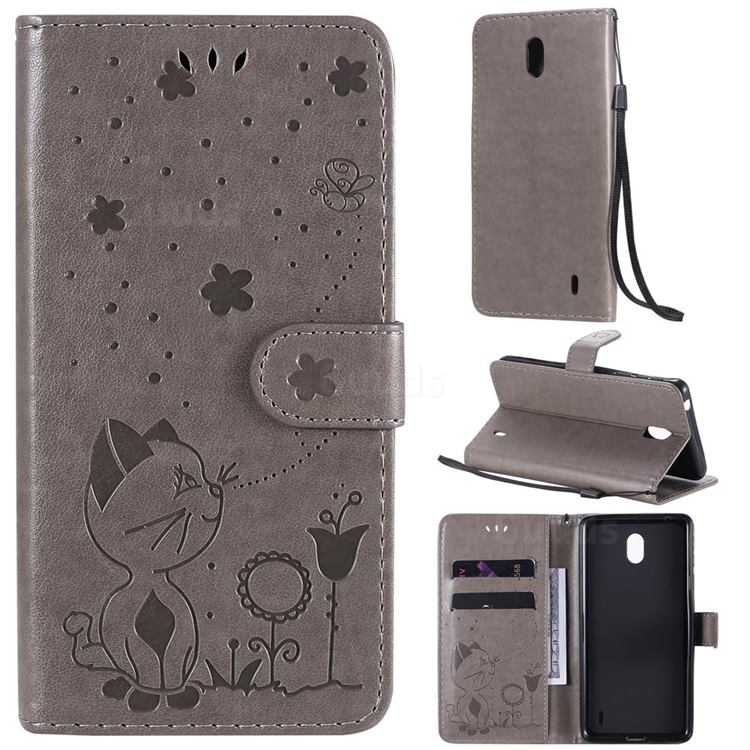 Embossing Bee and Cat Leather Wallet Case for Nokia 1 Plus (2019) - Gray